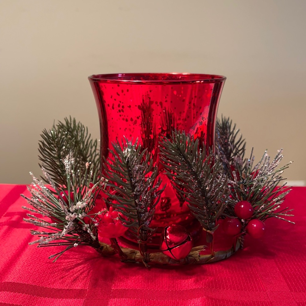 Christmas candle votive and greenery centerpiece 6”
